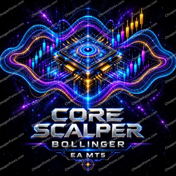 Core Scalper Bollinger EA MT5 promotional artwork with repeated CheaperForex.com watermarks
