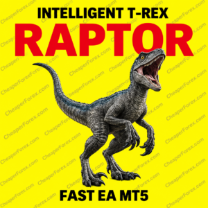 Intelligent T-Rex Raptor Fast EA MT5 promotional cover with repeated CheaperForex.com watermarks