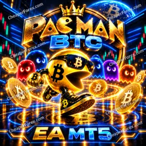 Pac Man BTC EA MT5 Bitcoin arcade promotional cover with repeated CheaperForex.com watermarks