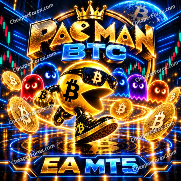 Pac Man BTC EA MT5 Bitcoin arcade promotional cover with repeated CheaperForex.com watermarks