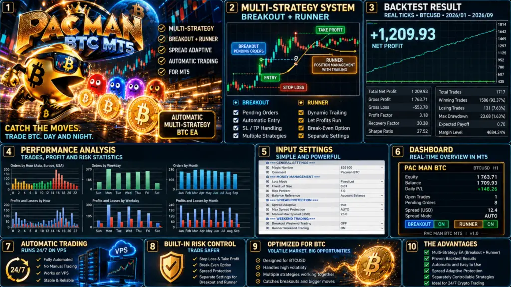 Original developer Pac Man BTC promotional composite showing Breakout and Runner diagrams, input controls, a dashboard and claimed historical backtest statistics