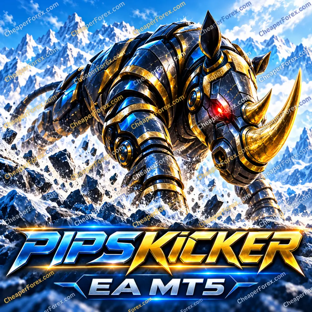 Pips Kicker EA MT5 promotional cover with a charging blue-and-gold mechanical rhinoceros and repeated CheaperForex.com watermarks