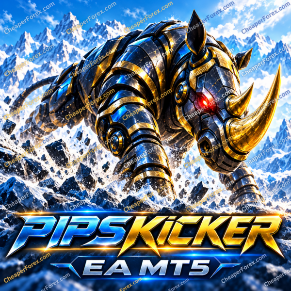 Pips Kicker EA MT5 promotional cover with a charging blue-and-gold mechanical rhinoceros and repeated CheaperForex.com watermarks