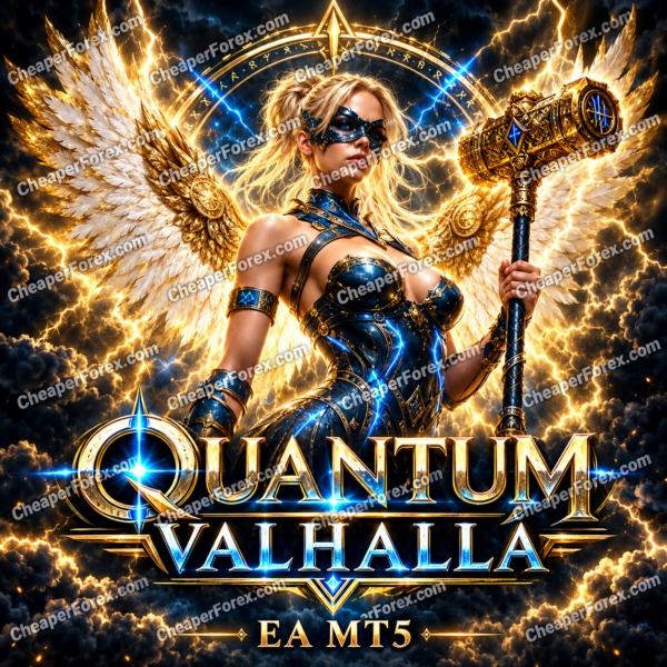 Quantum Valhalla EA MT5 promotional cover with a winged blonde Valkyrie, gold hammer, blue armor and repeated CheaperForex.com watermarks