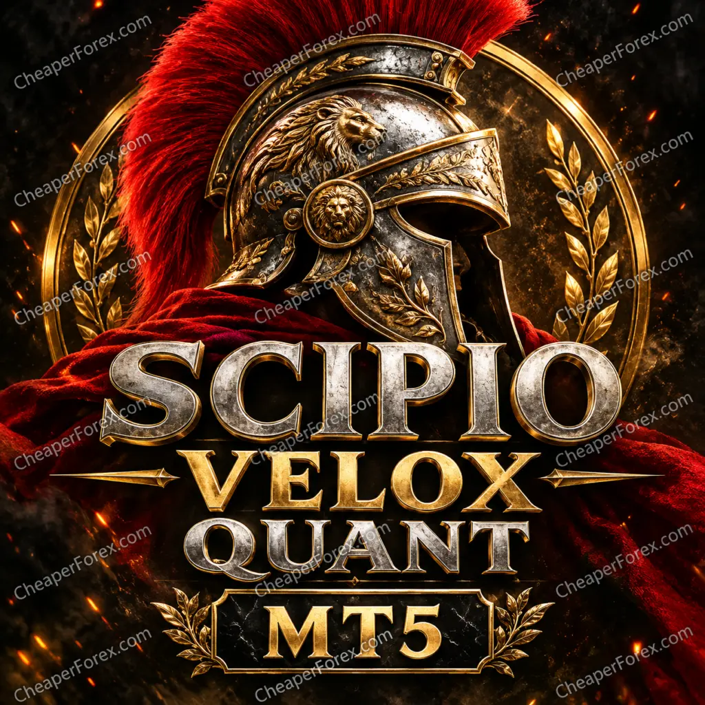 Scipio Velox Quant EA MT5 promotional Roman helmet cover with repeated CheaperForex.com watermarks