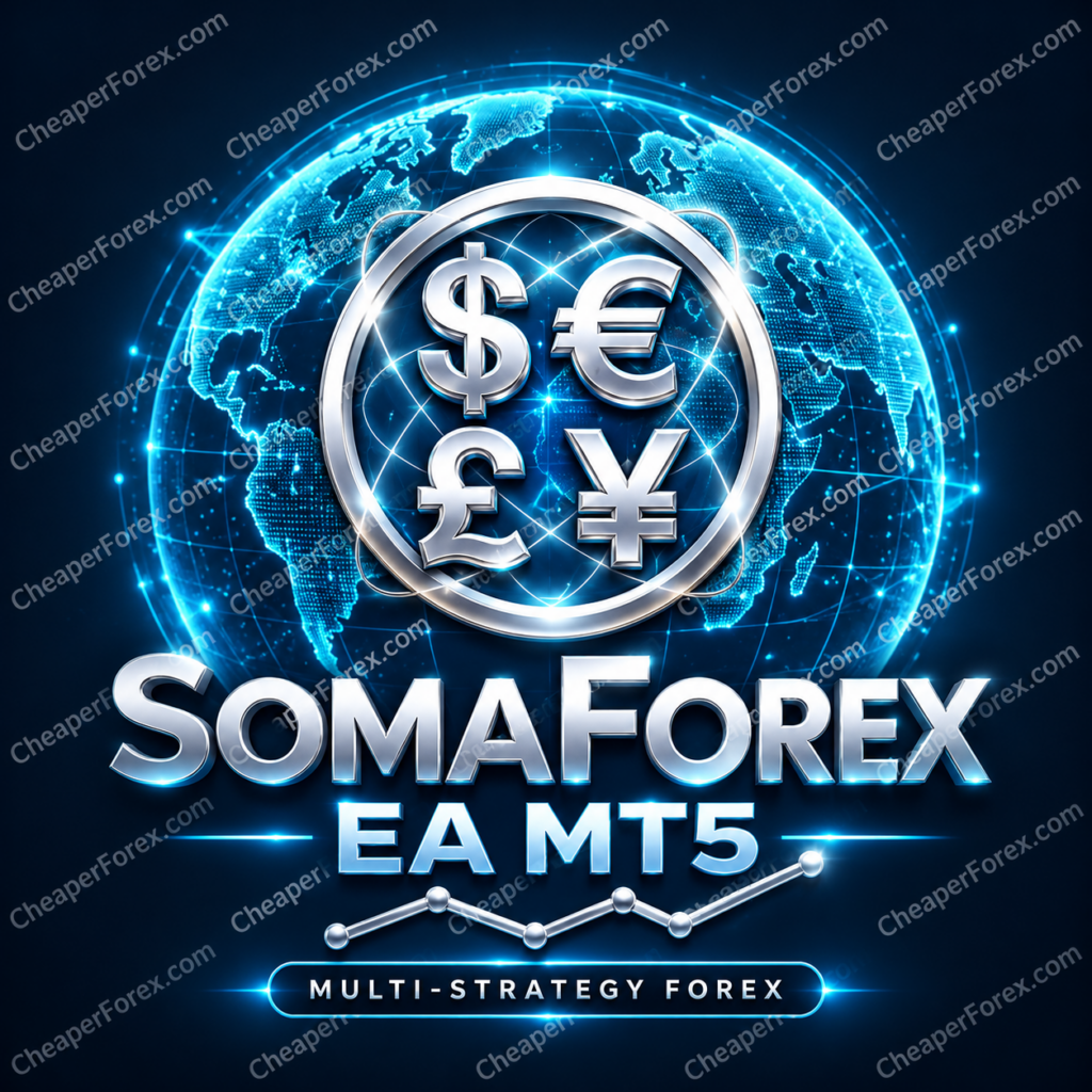 SomaForex EA MT5 promotional cyan globe and currency-symbol cover with repeated CheaperForex.com watermarks