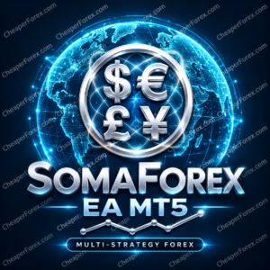 SomaForex EA MT5 cyan holographic globe and silver currency-symbol cover with repeated CheaperForex.com watermarks