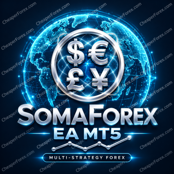 SomaForex EA MT5 cyan holographic globe and silver currency-symbol cover with repeated CheaperForex.com watermarks