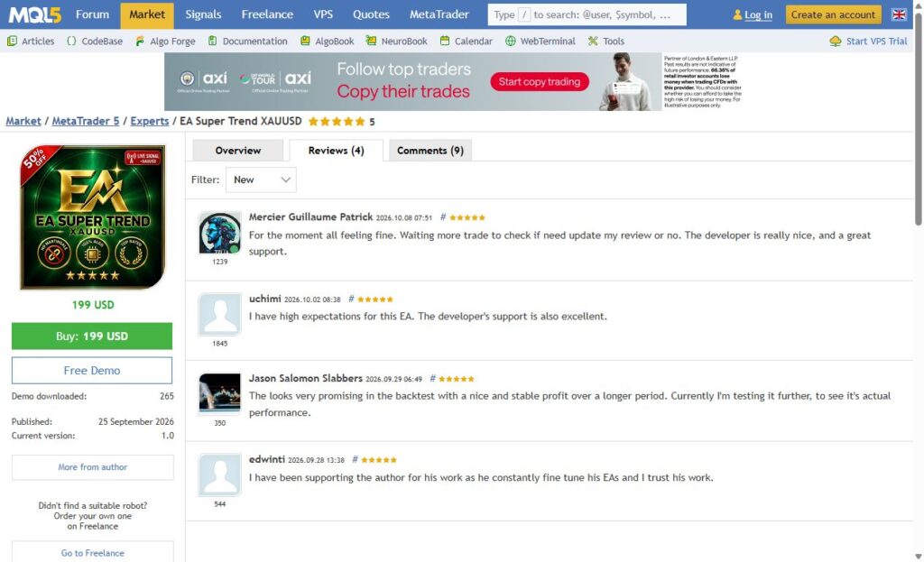Early MQL5 customer reviews for EA Super Trend captured 8 October 2026