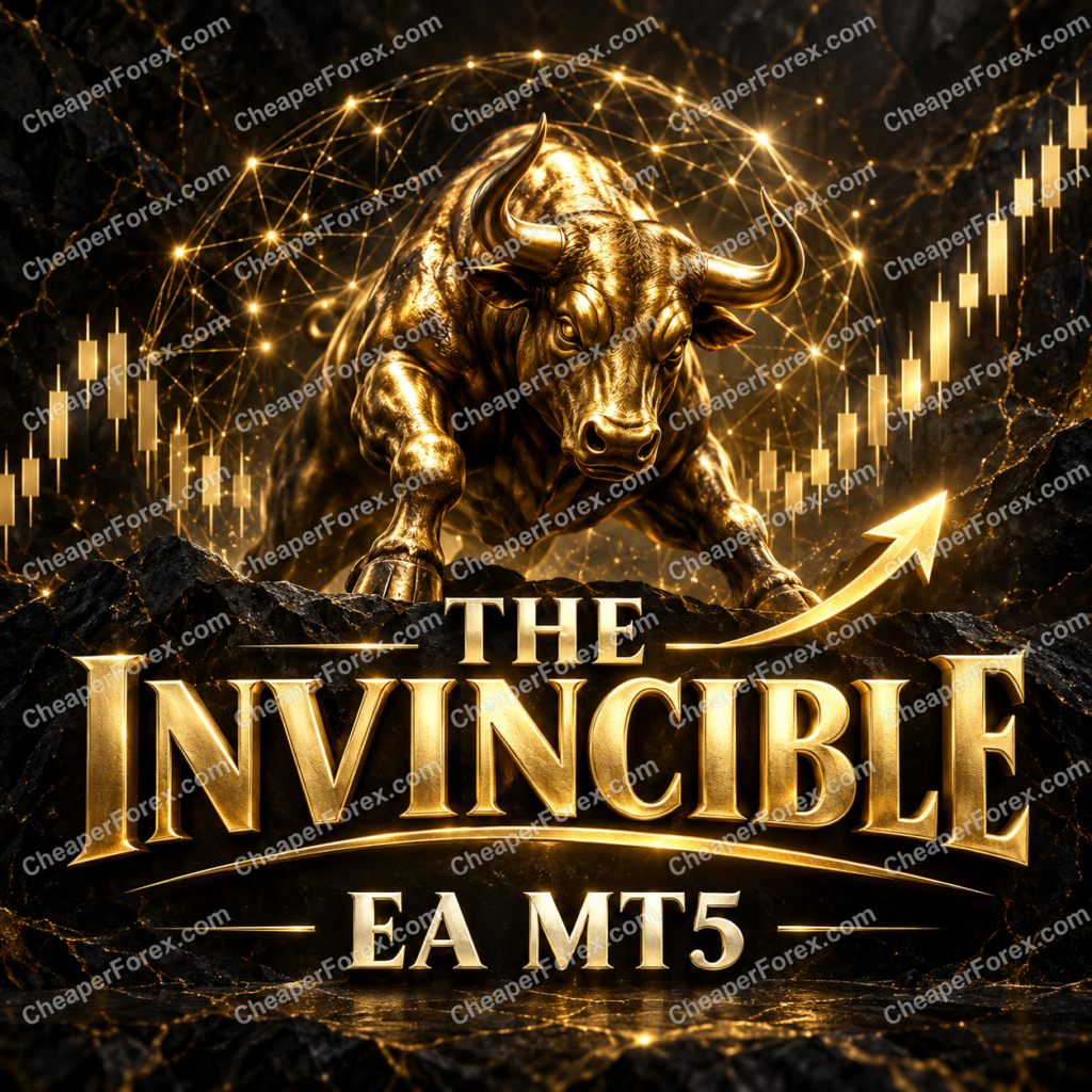 The Invincible EA MT5 promotional cover with CheaperForex.com watermarks