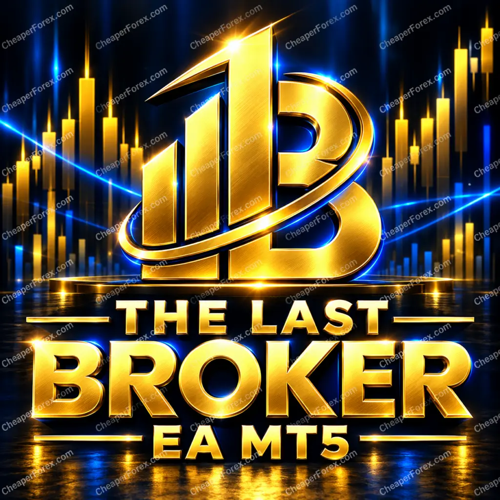 The Last Broker EA MT5 gold monogram and blue-gold cover with repeated CheaperForex.com watermarks