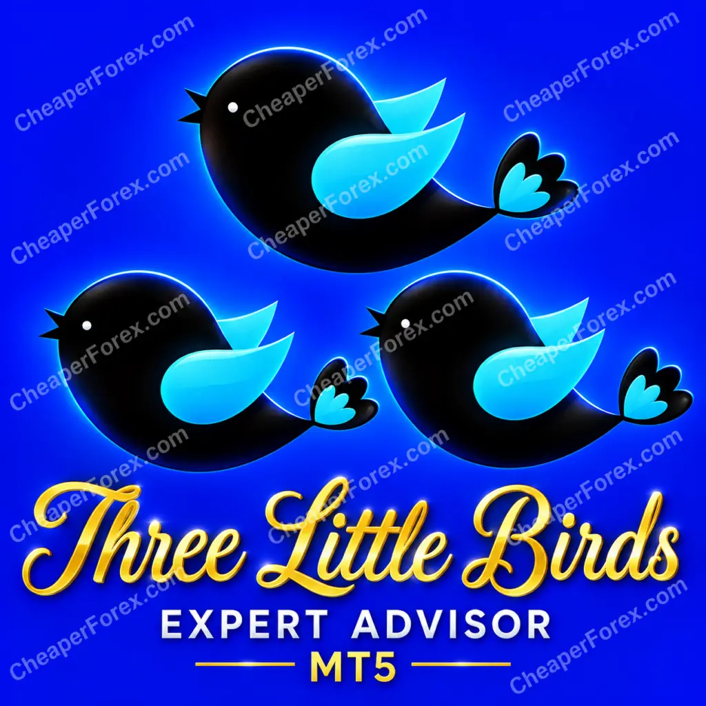 Three Little Birds EA MT5 promotional cover with three birds and repeated CheaperForex.com watermarks