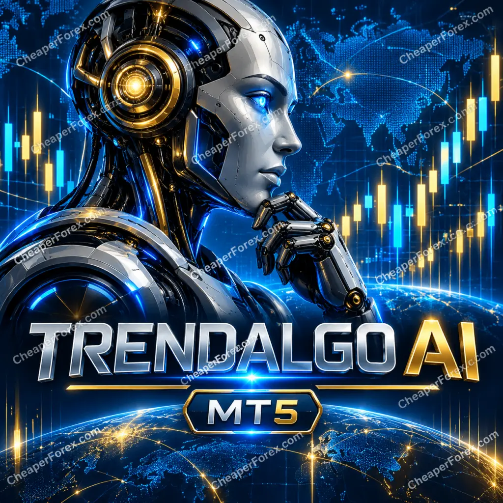 Trendalgo AI EA MT5 promotional blue android cover with repeated CheaperForex.com watermarks