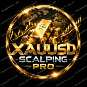 XAUUSD Scalping Pro gold bullion and globe promotional cover with repeated CheaperForex.com watermarks